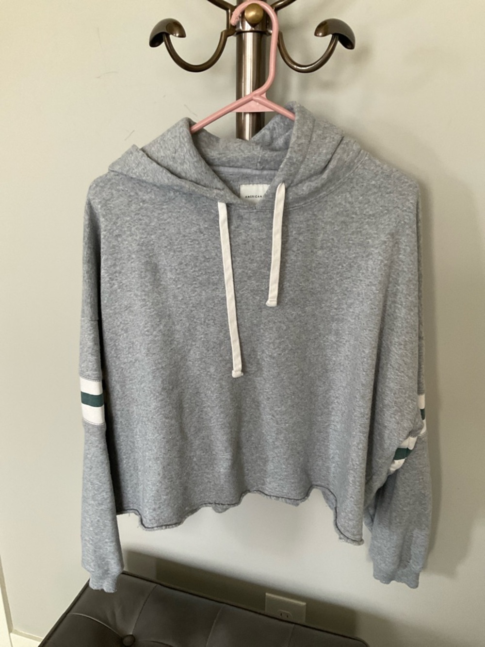 American Eagle Outfitters Gray Hoodie Sweatshirt with Sleeve Stripes